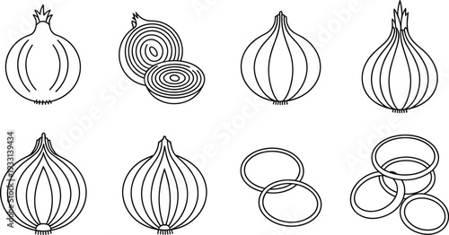 Onion line icon collection with whole bulbs, sliced halves and onion rings, outline vector vegetable set for cooking design