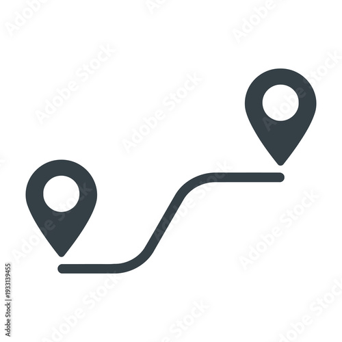 Location pins connected by curved pathway symbolizing direction and travel route