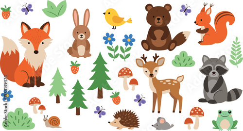Cute forest animals collection with woodland wildlife characters trees mushrooms and nature elements