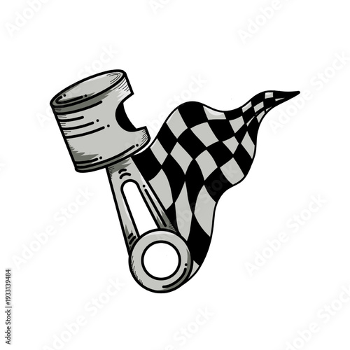 Monochrome vector illustration of a mechanical piston combined with a flowing racing flag, symbolizing speed, power, and automotive performance.