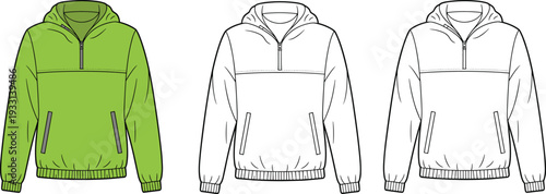 Three Hooded Jackets in Green and White with Zipper and Pockets hoodie