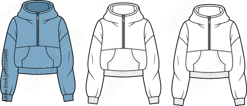 Three hooded sweatshirts with front zippers and pockets shown in blue and two shades of gray white