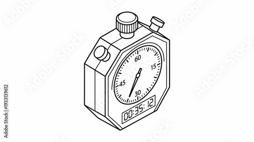 Isometric line drawing of a classic stopwatch showing time elapsed on analog and digital displays