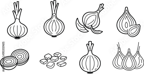 Onion vegetable line icon collection with whole bulbs, sliced halves, rings and chopped pieces outline vector set