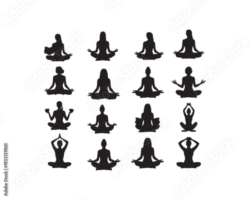 Collection of Silhouettes of Diverse Individuals Practicing Various Yoga Poses in a Meditative Lotus Position with Arms Raised