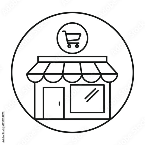 Minimalist shopfront icon with shopping cart symbol highlighting retail
