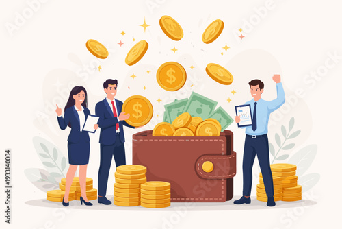Successful business team celebrating high income and profit with a giant wallet overflowing with cash and falling gold coins. Concept of financial growth, investment, and wealth management.