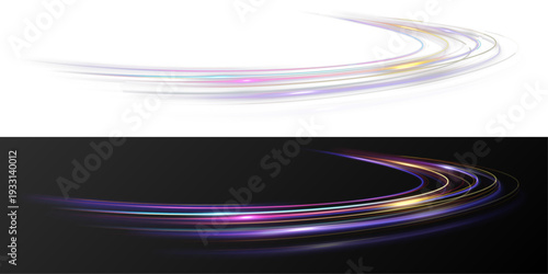 Colorful glowing speed light trails with curved dynamic motion lines, fast energy flow isolated on dark background.
