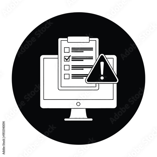 Computer display shows checklist with warning alert overlay