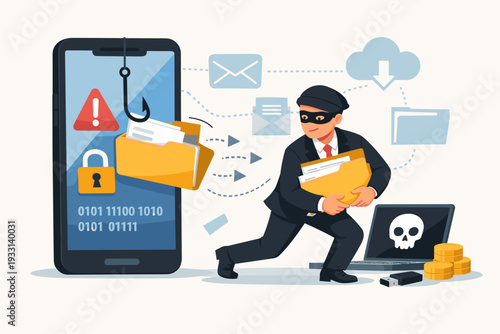 Cyber Hacker Stealing Private Data and Personal Information from Smartphone via Phishing Attack. Flat Vector Illustration of Mobile Security Breach, Malware, Identity Theft, and Digital Cybercrime.