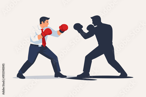 Businessman in Suit and Boxing Gloves Fighting His Own Shadow, Concept of Internal Struggle, Self-Discipline, Overcoming Personal Obstacles, Mental Health Awareness, and Business Competition