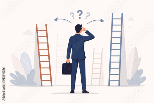 Businessman Standing in Front of Multiple Ladders Making a Difficult Career Choice and Decision, Concept of Corporate Growth, Success, Opportunity, and Professional Direction Vector Illustration