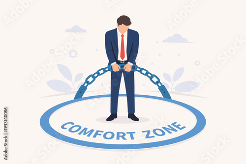 Businessman Standing Inside Comfort Zone Circle with Hands in Chains Illustrating Psychological Barriers to Career Growth, Fear of Change, and Professional Stagnation in Flat Vector Style