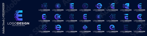 Set of letter E logo design. Symbol of  connect, tech, molecule logo template.