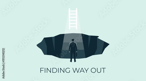 Businessman Standing in a Dark Hole Looking Up at a Glowing Ladder for Escape, Concept of Finding a Way Out, Solving Problems, Overcoming Business Challenges, Career Growth and Hopeful Solution.