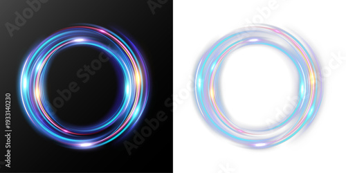 Abstract colorful glowing ring with circular speed light trails, dynamic rotation and energy loop isolated on dark background.

