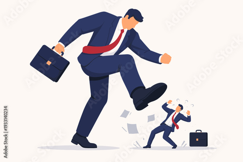 Giant corporate businessman stepping on a small business owner, metaphor for market dominance, unfair competition, monopoly power, corporate bullying, and the struggle of small enterprises.