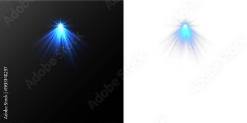 Blue glowing spotlight with radiant light rays and starburst flare isolated on dark background.

