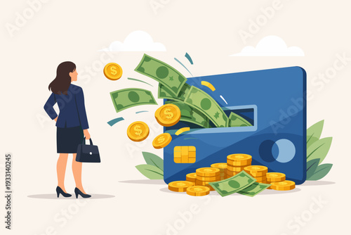 Professional businesswoman watching money and gold coins fly out of a large credit card, symbolizing cash back rewards, financial savings, banking benefits, and digital payment incentives.