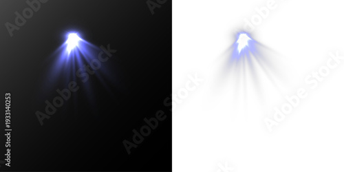 Bright blue glowing light burst with radiant rays and energy flare isolated on black background.
