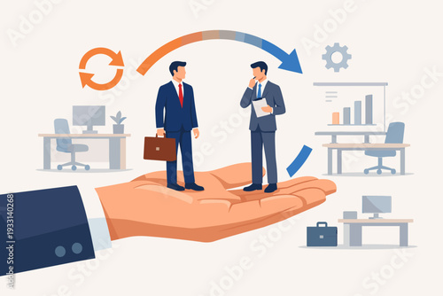 Job Rotation and Employee Substitution Concept with Giant Hand Holding Two Businessmen Swapping Roles in Office Environment, Human Resources Management and Career Development Vector Art.
