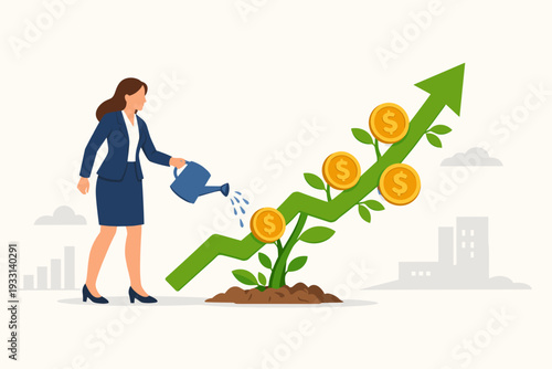 Businesswoman watering a green arrow growing from soil like a plant with gold dollar coins, representing investment growth, financial success, capital gain, wealth management, and business profit.