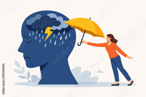 Mental Health Support Concept with Woman Holding Umbrella over Sad Person's Head to Protect from Storm Clouds and Rain, Symbolizing Psychology Therapy, Counseling, and Emotional Wellness.