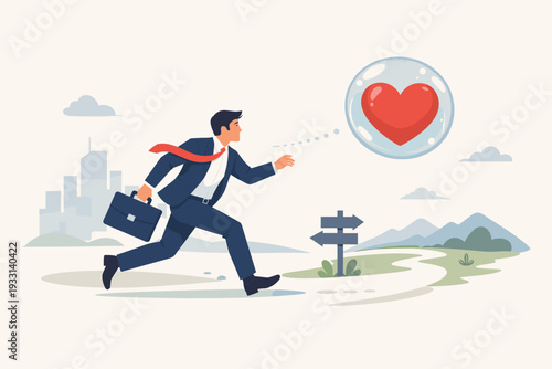 Businessman Running Towards a Heart in a Bubble Following His Passion and Dream Career Path for Happiness and Success, Concept of Self Motivation and Finding a Meaningful Job Vector Illustration