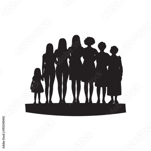 Silhouette of seven women and a young girl standing together group girls family