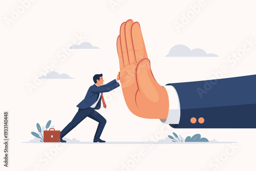 Small Businessman Pushing Against a Giant Hand Representing Big Corporate Resistance, Overcoming Huge Obstacles and Market Competition, Underdog Fighting for Success in Business World Illustration