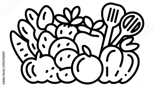 Hand-drawn Fruit and Vegetable Coloring Book Outline Illustration for Healthy Eating and Lifestyle