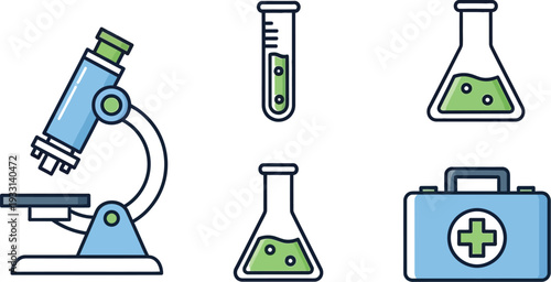 Laboratory equipment icons showcasing microscope, flasks, test tube, and medical kit
