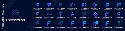 Set of letter F logo design. Symbol of  connect, tech, molecule logo template.