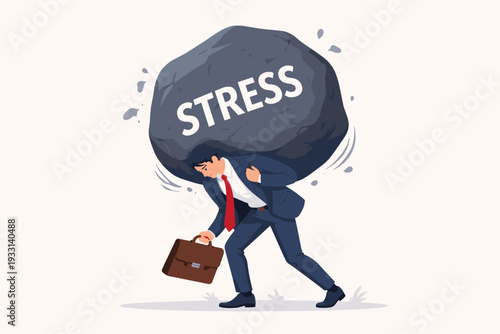 Exhausted Businessman Carrying a Heavy Rock Labeled Stress on His Back, Representing Work Pressure, Burnout, Mental Health Burden, and Professional Struggle in a Corporate Office Environment