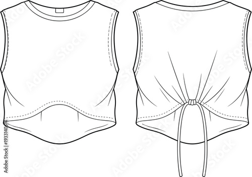 Two different views of a sleeveless with a tied back and a curved hemline sleeveless tied back front view