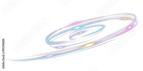 Abstract colorful speed spiral with glowing light trails and dynamic curved motion lines, energy flow concept isolated on black background.