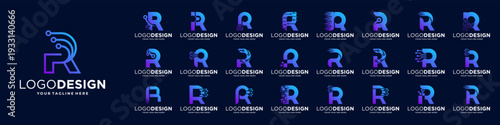 Set of letter R logo design. Symbol of  connect, tech, molecule logo template.