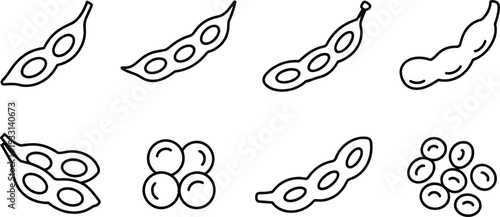 Soybean pod and beans icon set with fresh soy edamame line art vector illustration collection isolated