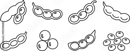 Soybean and edamame pod icon set with fresh soy beans line art vector illustration collection isolated