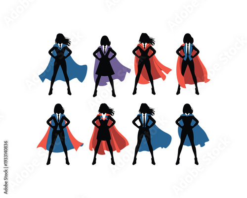 Superwoman businesswomen silhouettes in capes and suits in various colors and poses on white