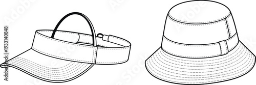 Two different types of hats with visors and brims drawn in a simple line style line headwear sun hat