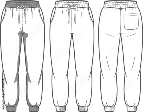 Three Different Styles of White Pants with Blue Waistbands and Drawstrings three styles