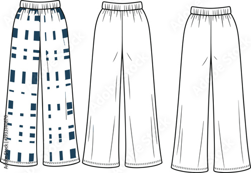 Three pairs of wide-leg pants with different patterns and colors including blue and white stripes and solid white