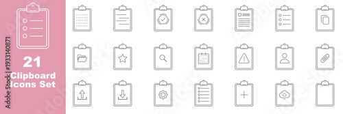 Clipboard and checklist outline icon set with business tasks, strategy, approval, tax and document management symbols. 21 Clipboard Task Management Line Icons. Survey icon set. Medical report icon 