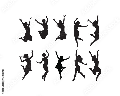 Ten black female silhouettes jumping and celebrating with arms raised woman leaping