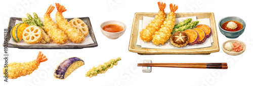 A charming watercolor collection of Japanese tempura dishes, including prawns, lotus root, eggplant, and asparagus.
