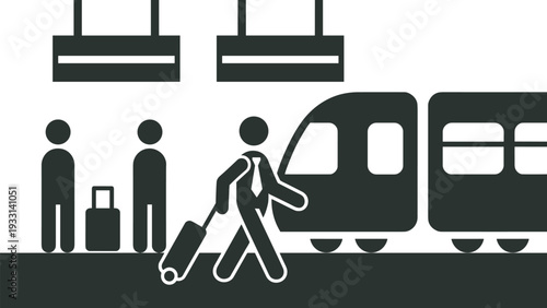 Passengers waiting on railway platform with train arrival, travel silhouette vector illustration