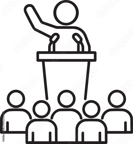 Politician giving a speech at podium to audience outline icon for election campaign rally and public address
