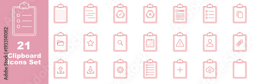 Clipboard and checklist outline icon set with business tasks, strategy, approval, tax and document management symbols. 21 Clipboard Task Management Line Icons. Survey icon set. Medical report icon 