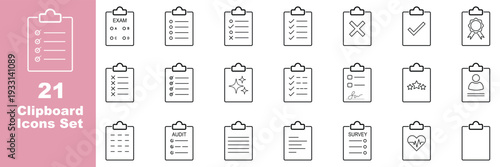 Checklist and Clipboard Line Icon Set with Task List, Approval, Settings and Form Symbols. 21 Clipboard Audit, Survey and Checklist Line Icons. Minimal Clipboard Exam and Document Verification Icons